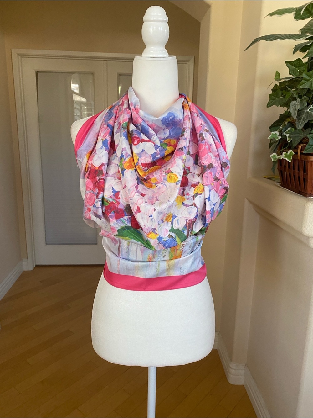Floral Pink Silk Scarf Wrap - Women Accessories - Picture 4 of 11